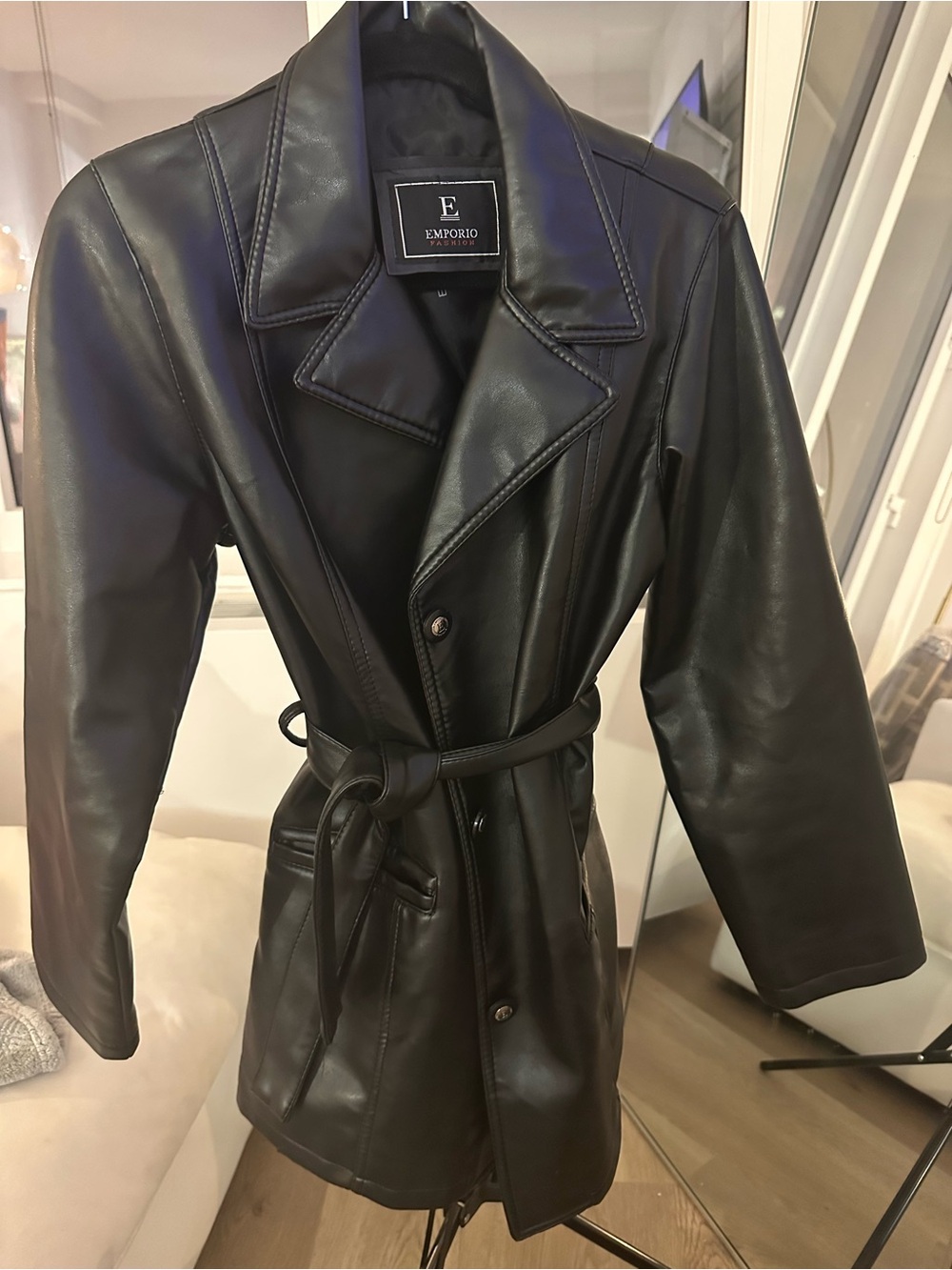 Black Faux Leather Belted Trench Coat